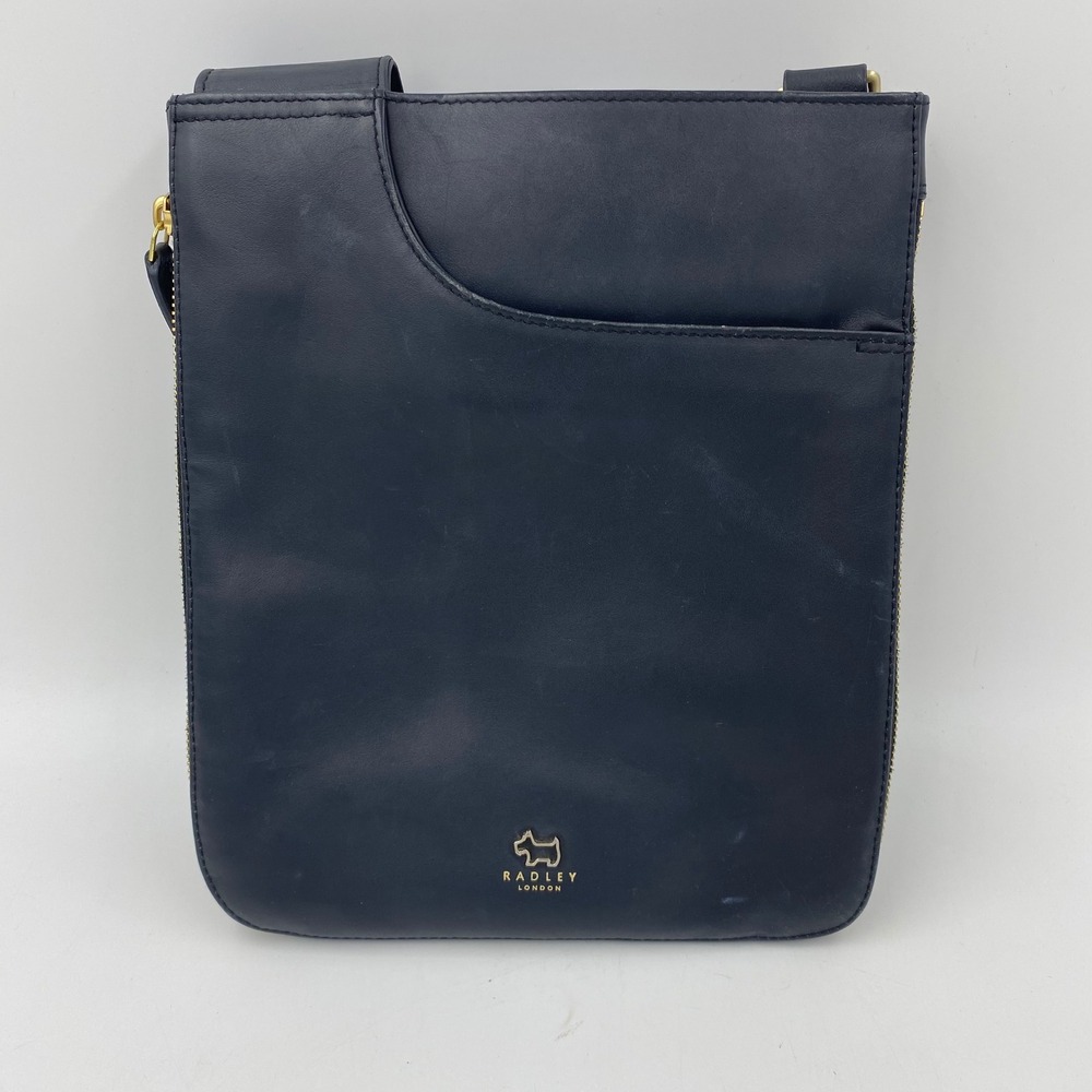 Radley London Crossbody Bag Women Black Leather Gold Logo Expandable Pocket
